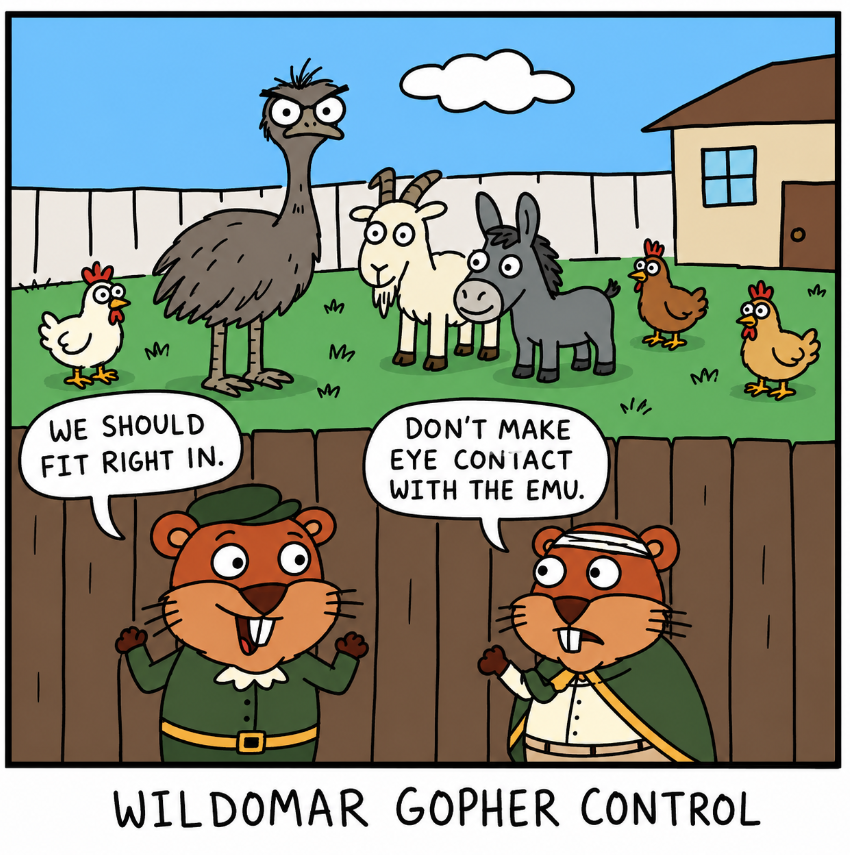 Cartoon titled "Wildomar Gopher Control" showing two gophers in uniform eyeing an emu in a farmyard