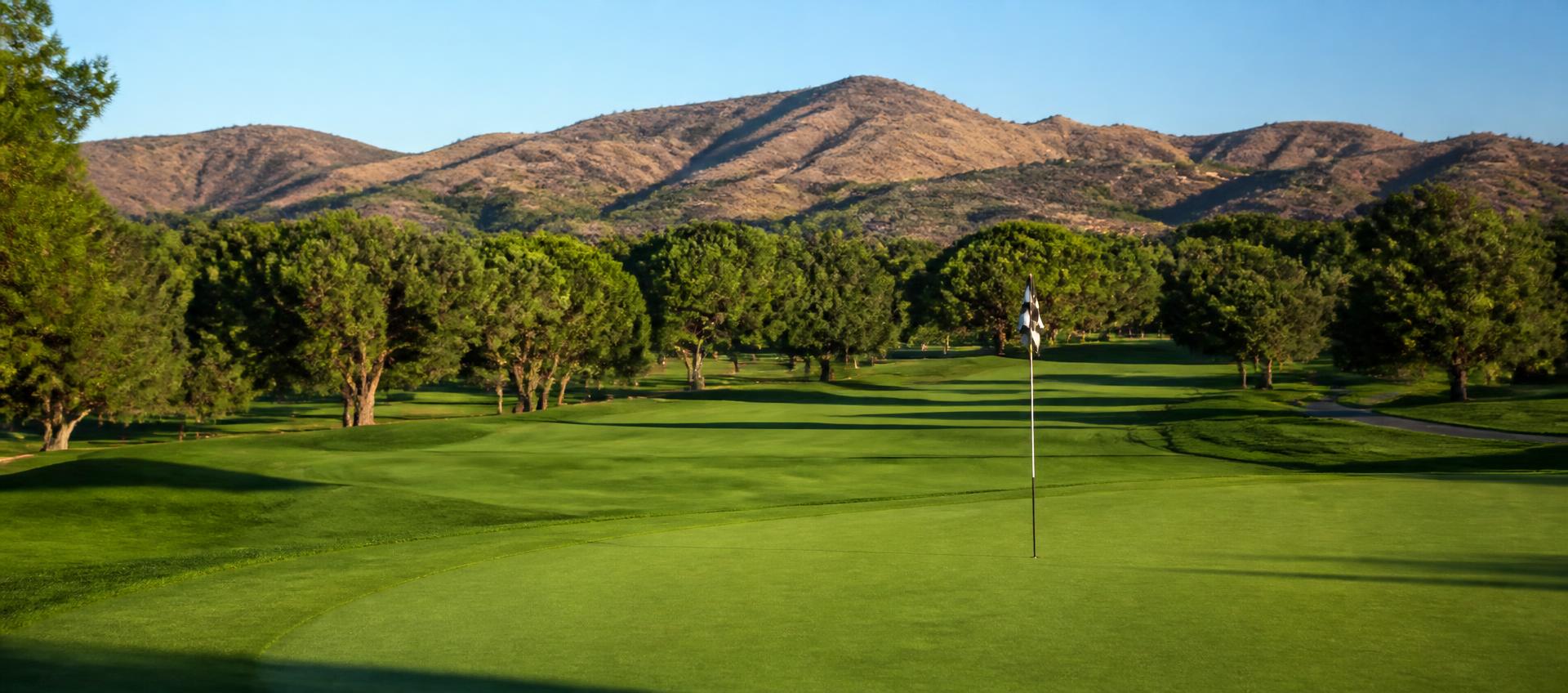 Manicured golf course green in Southern California kept free of gopher mounds