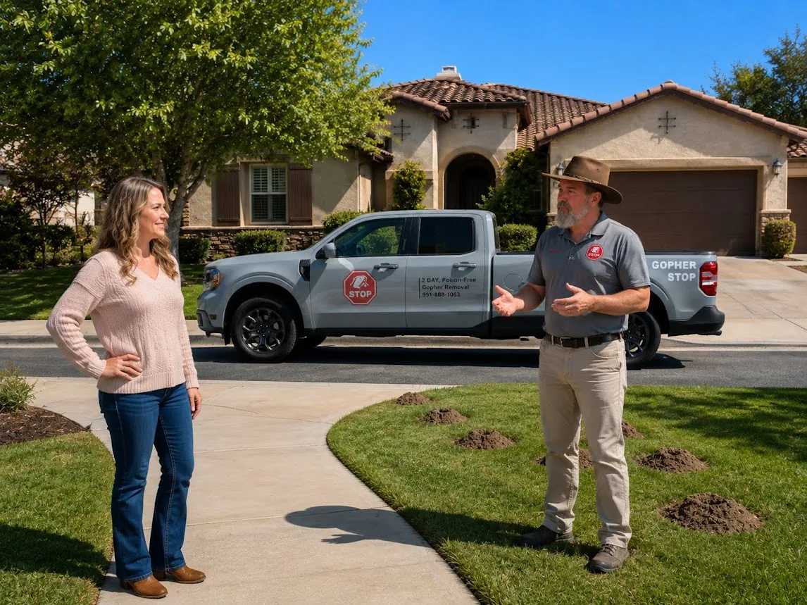 Gopher Stop technician in a wide-brimmed hat talking with a Murrieta homeowner beside a gopher-mounded lawn, with the Gopher Stop truck parked at the curb