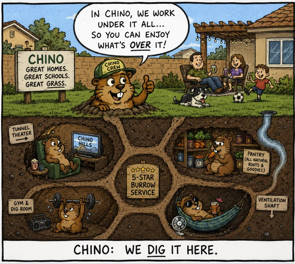 Chino gopher control cartoon showing a backyard above ground and a five-star gopher burrow below