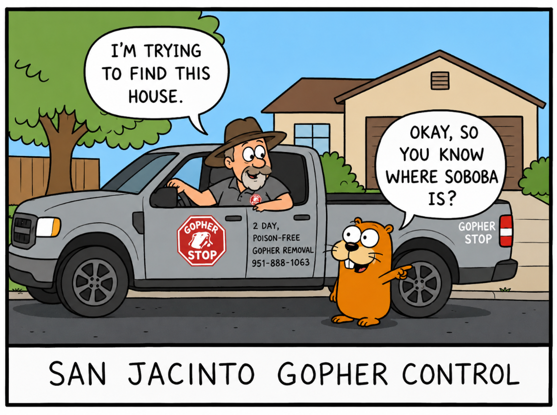 Cartoon of a Gopher Stop driver in a grey pickup asking an orange gopher for directions in a San Jacinto neighborhood; the gopher asks "Okay, so you know where Soboba is?"