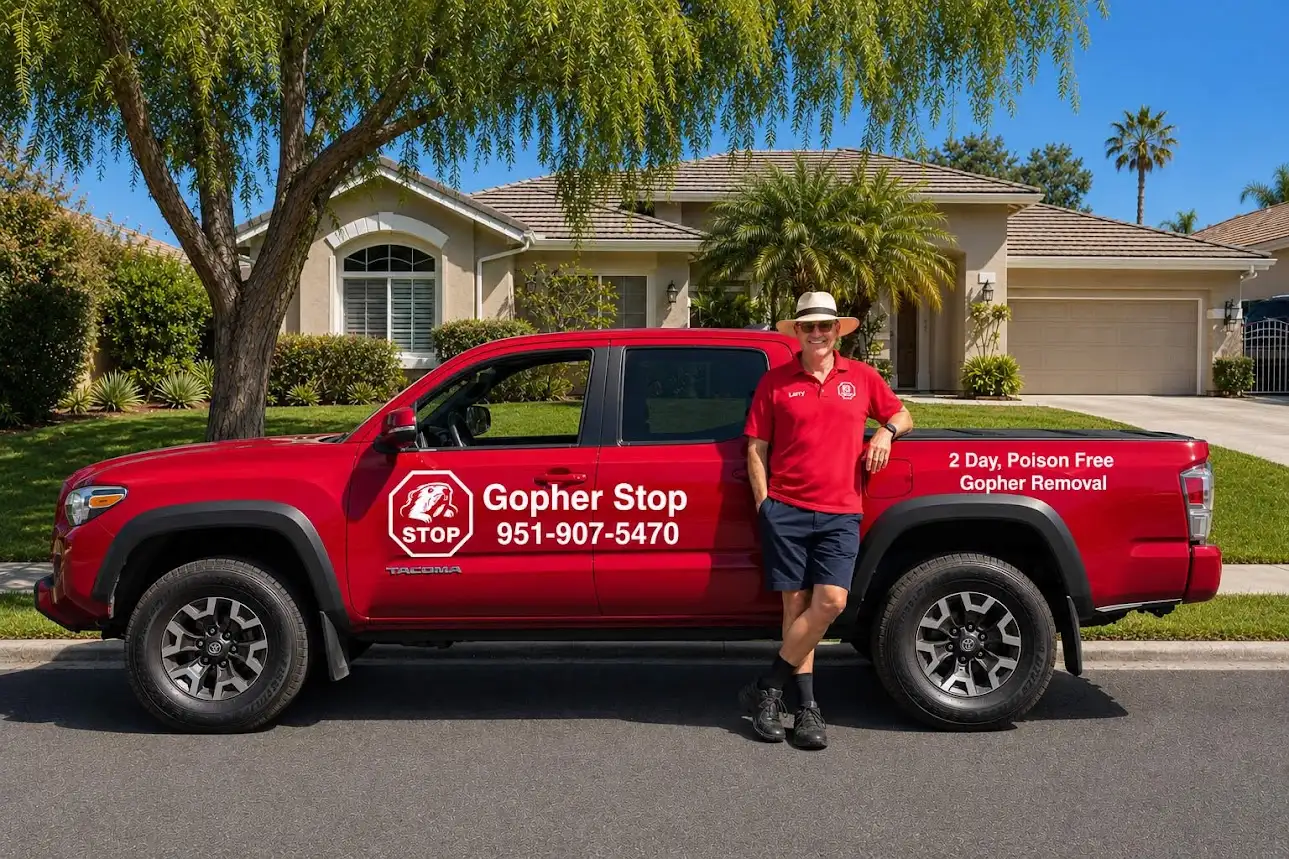 Gopher Stop technician Larry leaning on the red Gopher Stop Toyota Tacoma truck branded 2 Day, Poison Free Gopher Removal, parked on a sunny Menifee street in front of a suburban home