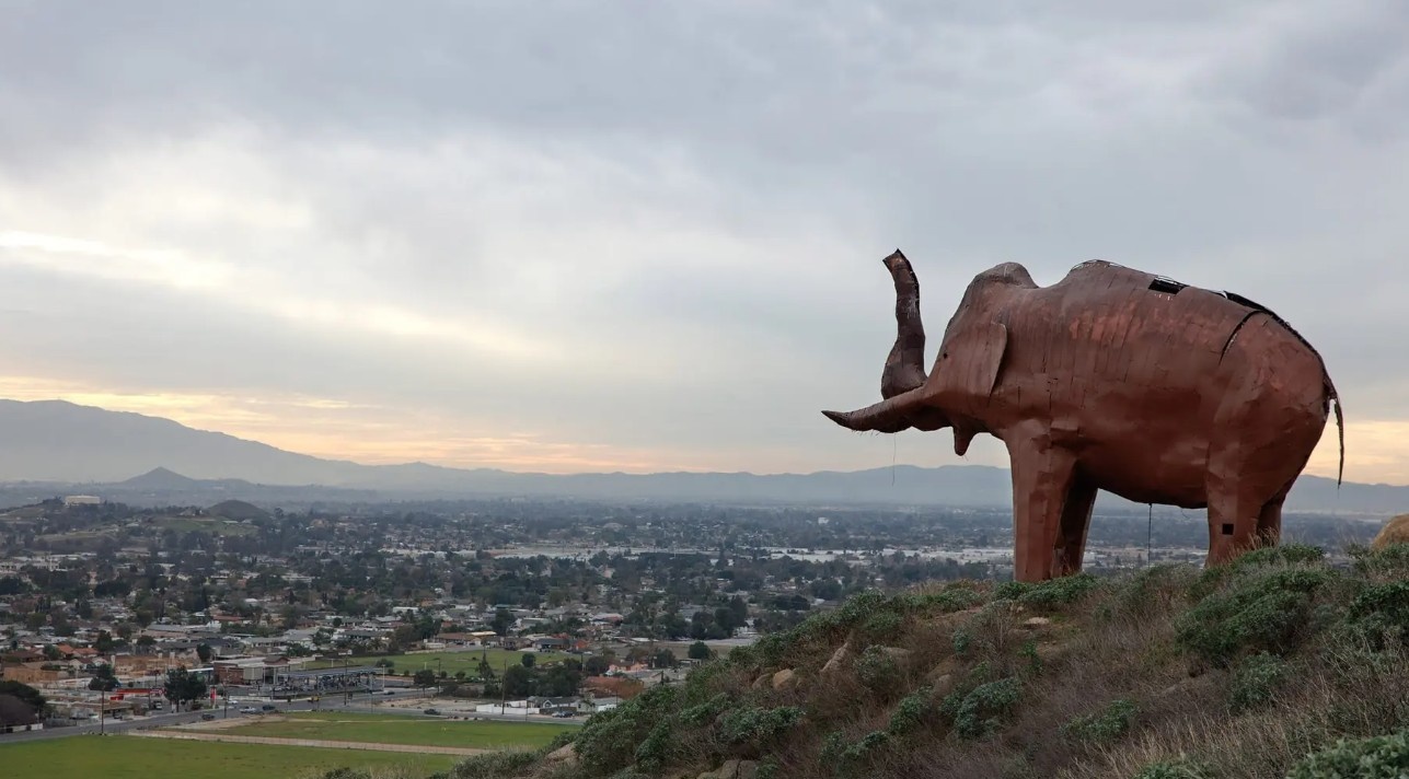 The Jurupa Valley elephant sculpture overlooking Jurupa Valley, CA where Gopher Stop provides gopher control