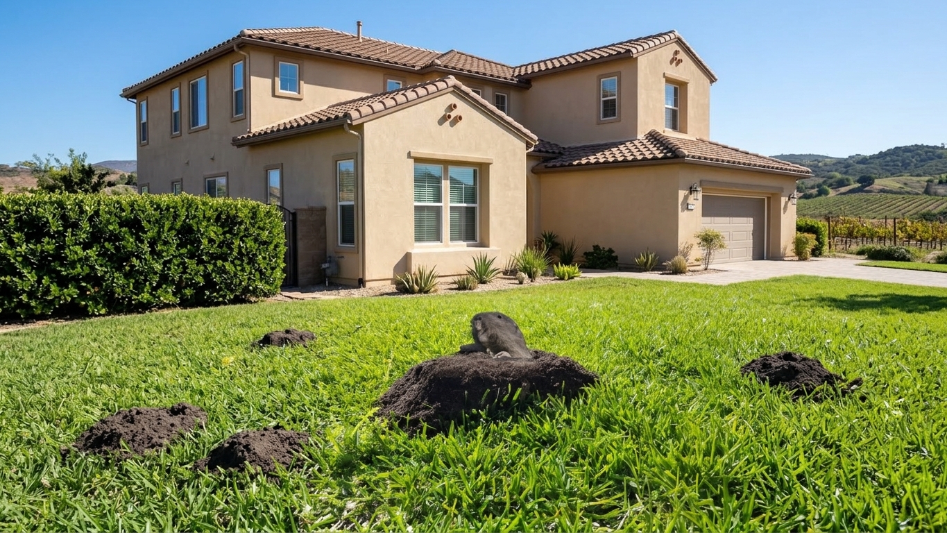 Gopher peeking from a fresh mound in a Temecula lawn
