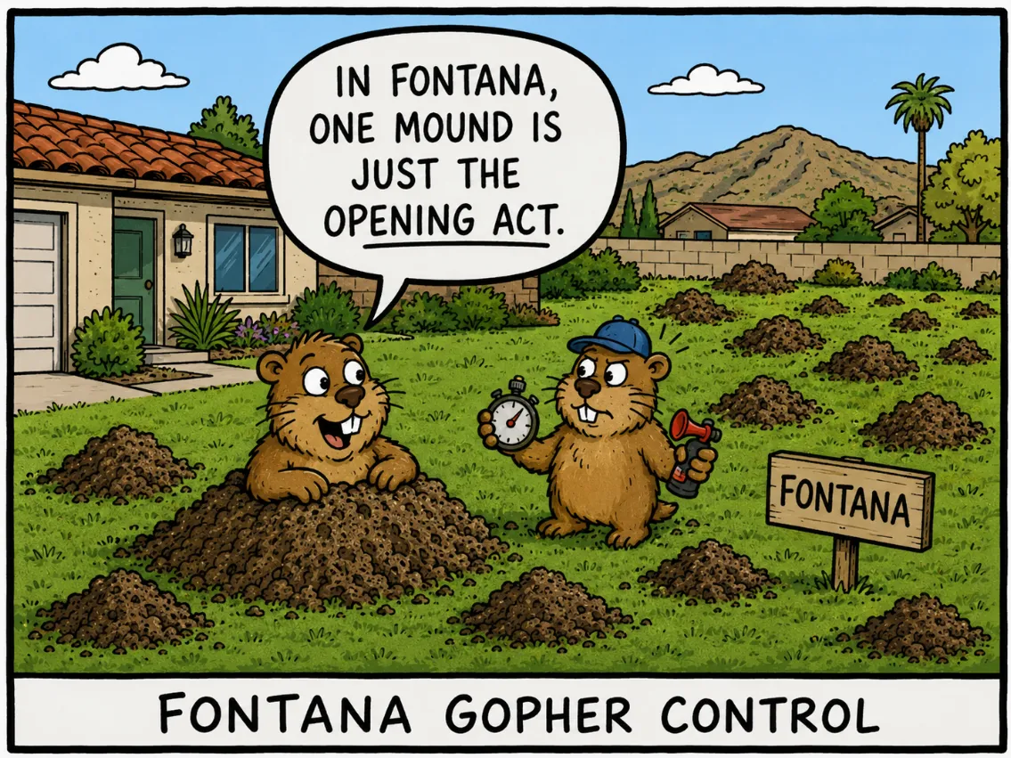 Fontana gopher control cartoon: a gopher emerging from one mound saying 'In Fontana, one mound is just the opening act,' while a coach gopher with a stopwatch and air horn times the colony's spread across a Fontana lawn
