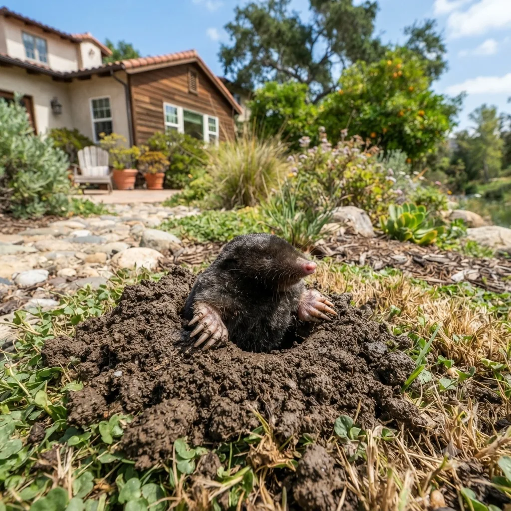 Volcano-shaped mole mound in an Inland Empire lawn