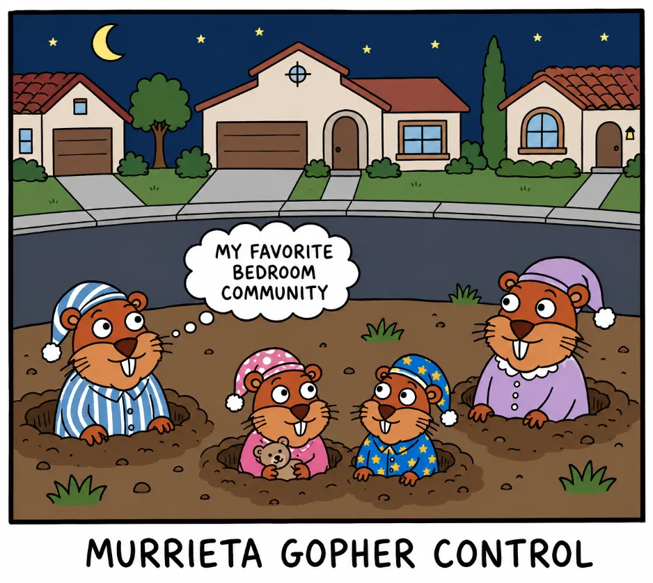 Cartoon titled "MURRIETA GOPHER CONTROL" showing gophers in nightcaps and pajamas in a suburban yard at night, with one thinking "MY FAVORITE BEDROOM COMMUNITY"