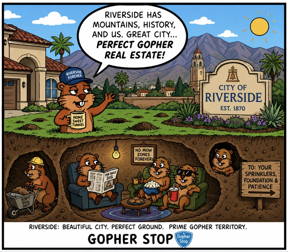 Gopher Stop cartoon of gophers under a Riverside, California lawn near the City of Riverside sign with the Box Spring Mountains behind