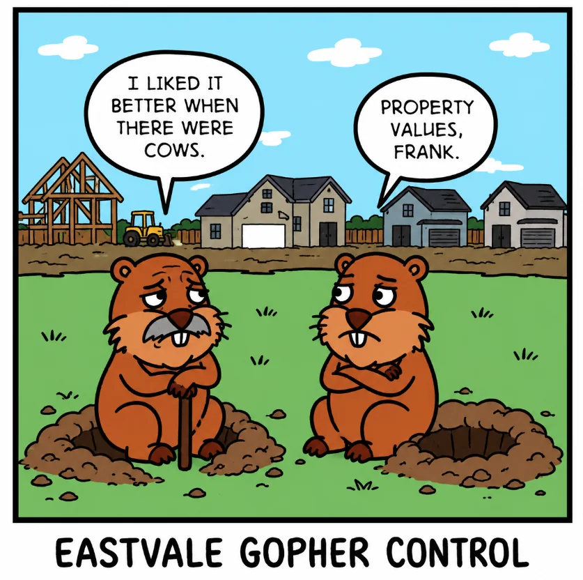 Eastvale gopher control cartoon: two gophers on former dairy land watch new housing go up, one says 'I liked it better when there were cows'