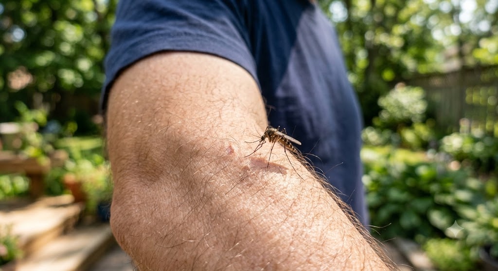 Mosquito Control Services in Riverside, CA Mosquito biting a homeowner in a Riverside, CA backyard