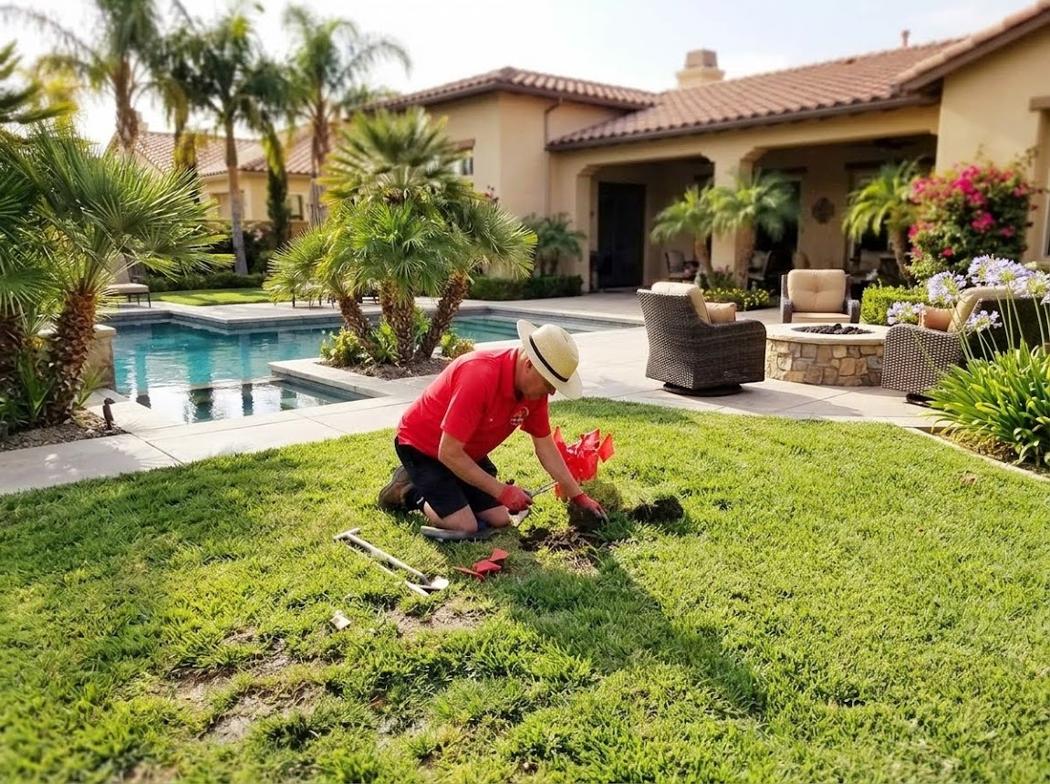 Gopher Stop technician Aaron kneeling on a green Temecula lawn marking a live gopher run with red flags, Mediterranean-style home and pool behind him