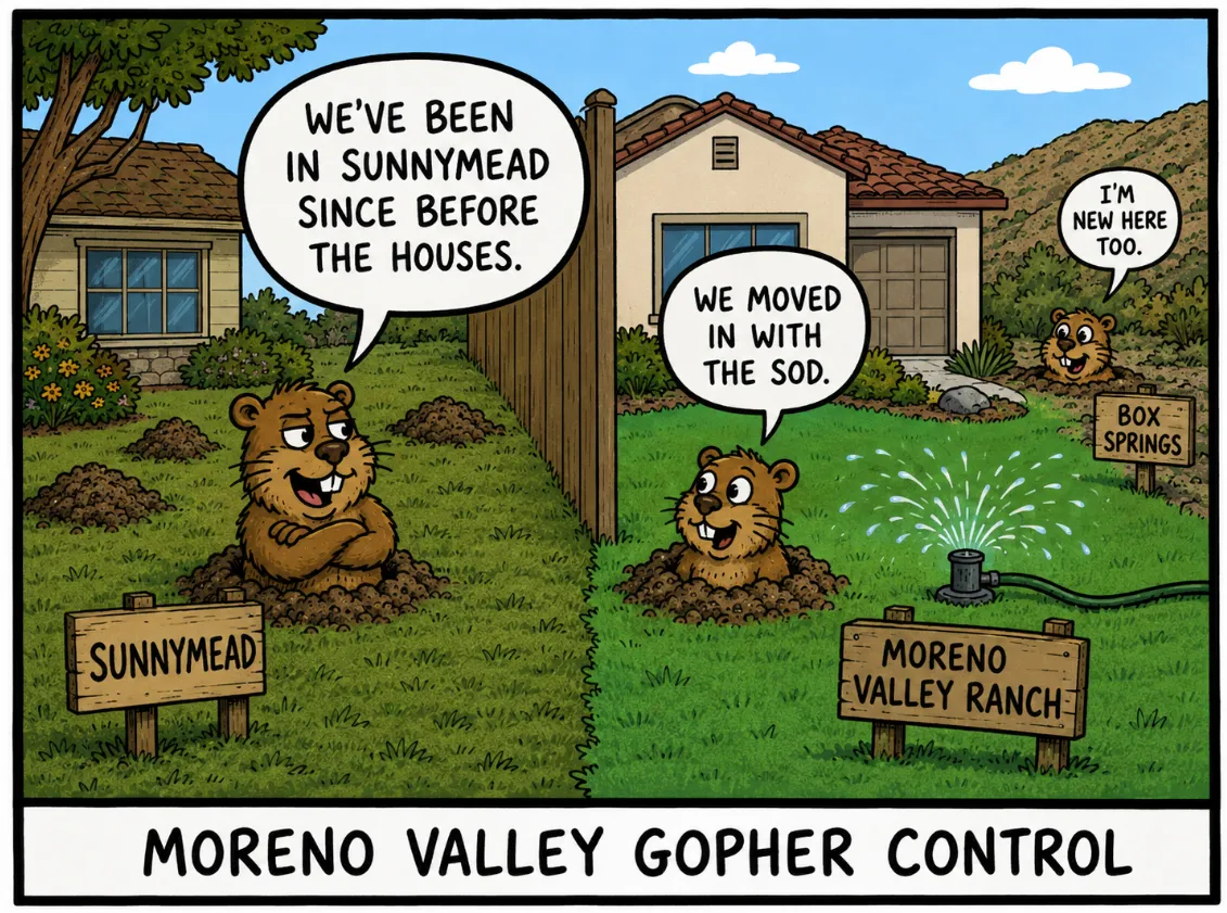 Moreno Valley gopher control cartoon showing gophers in Sunnymead, Moreno Valley Ranch, and Box Springs neighborhoods