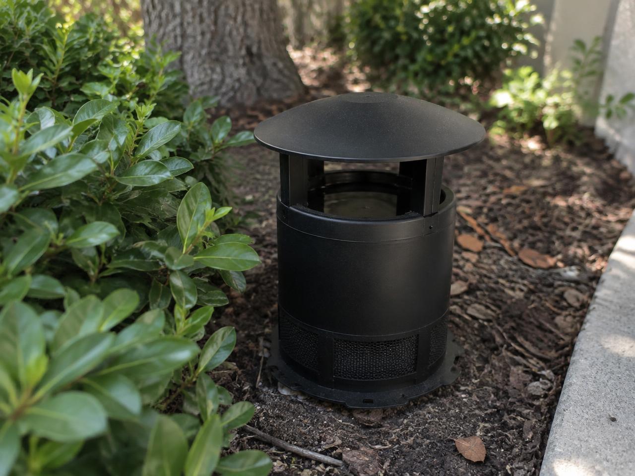 In2Care Mosquito Control System station Non-toxic mosquito control trap station installed in a Southern California backyard